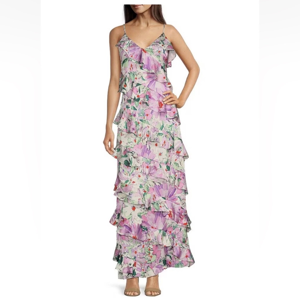 NWT Badgley Mischka Belle Maren Satin Chiffon Tiered Floral Dress Easter Size 12